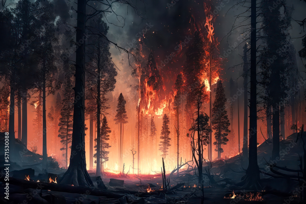 Wildfire catastrophe illustration. Generative AI. Wildfire catastrophe illustration. Generative AI.