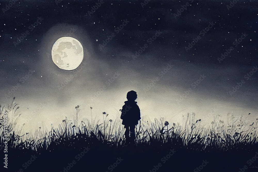 A boy looks at the moon in the night sky, standing on a summer field