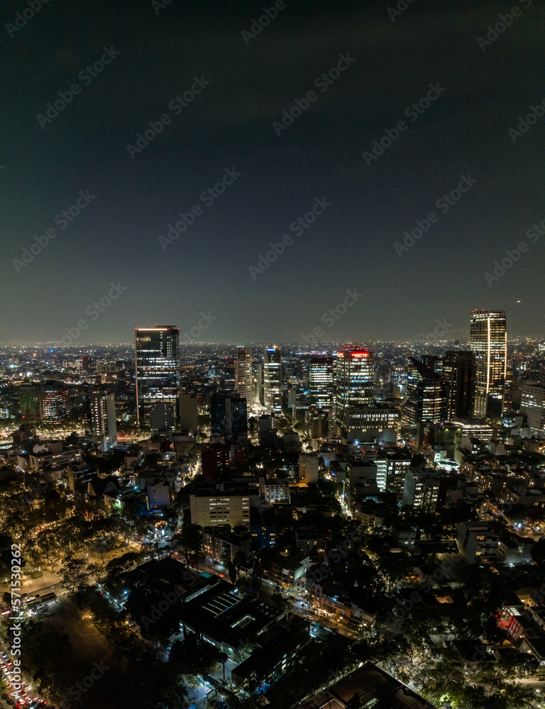Beautiful aerial view of the capital of Mexico city at night.