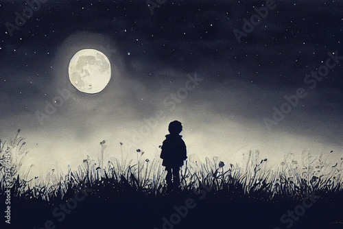 A boy looks at the moon in the night sky, standing on a summer field