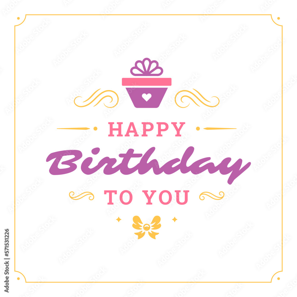 Happy birthday purple gift box present greeting card template vector flat illustration
