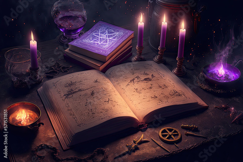 Fotomurale Magic old book of witchcraft with candles on the table