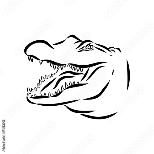 Hand-drawn pencil graphics, crocodile, alligator, croc. Engraving, stencil style. Black and white logo, sign, emblem, symbol. Stamp, seal. Simple illustration. Sketch. © Elala 9161