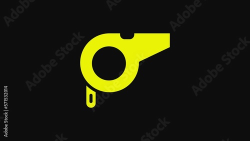 Yellow Whistle icon isolated on black background. Referee symbol. Fitness and sport sign. 4K Video motion graphic animation