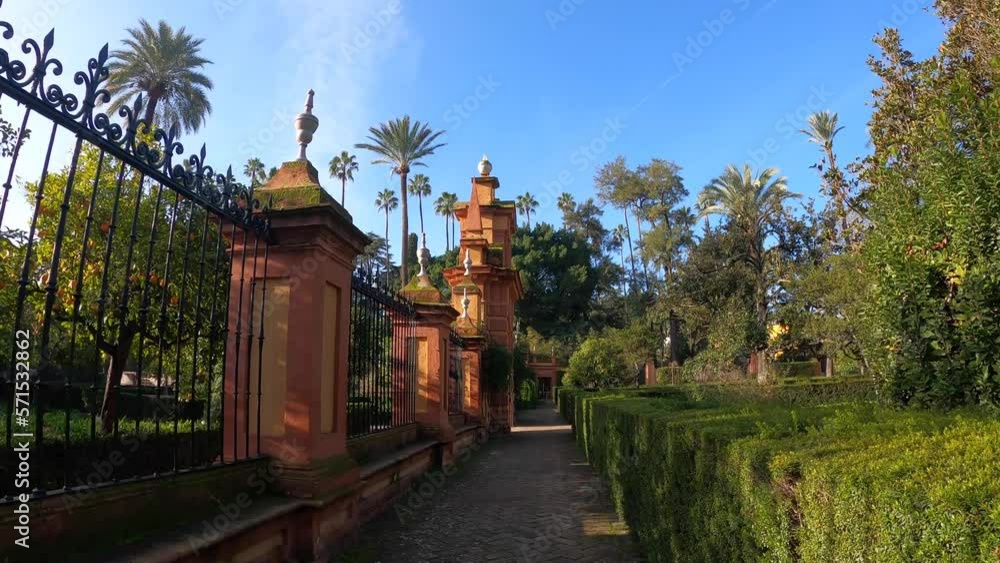 The gardens of the Royal Alcázars of Seville historically known as al-Qasr al-Muriq in Sevilla, Spain on December 31, 2022 The gardens of the Royal Alcázars of Seville historically known as al-Qasr al-Muriq in Sevilla, Spain on December 31, 2022