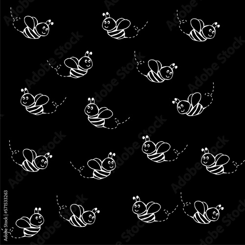Cute bee cartoon funny vector set. Happy funny adorable character bees on black