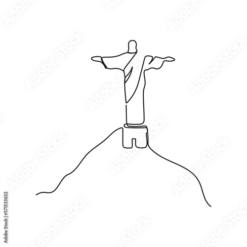 Statue Of Christ The Redeemer, Rio de Janeiro, Brazil. One line art. Tourism concept. Hand drawn vector illustration.