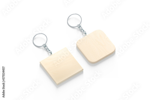 Blank wooden square tag on chain mock up, side view