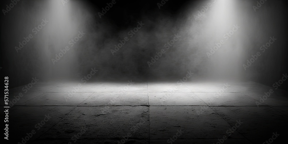 Empty space of Studio dark room concrete floor grunge texture background with spot lighting and fog or mist in background. Generative AI