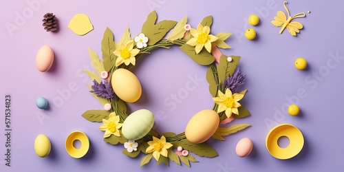 Easter egg wreath flat lay with pastel colored eggs against a yellow background. Generative AI