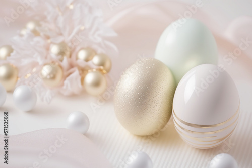 Easter eggs on a beige background with copy space. AI 