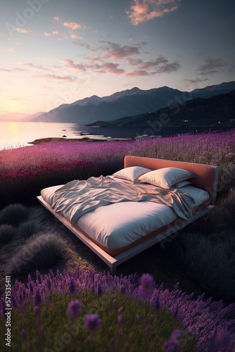 Sleeping in the lavander field, outdoors, camping, forest bed. Generative AI