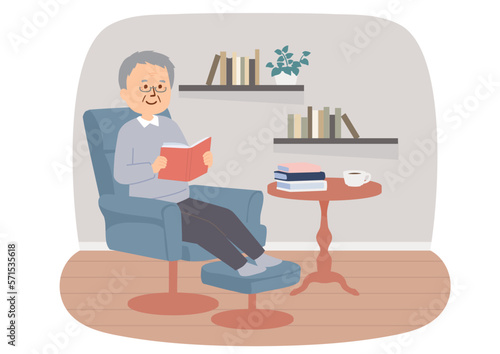 読書をするシニア男性のイラスト