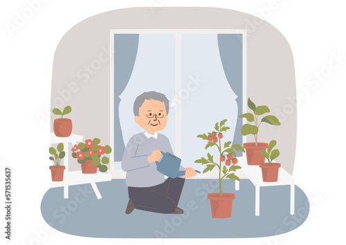ベランダで植物に水をやるシニア男性のイラスト
