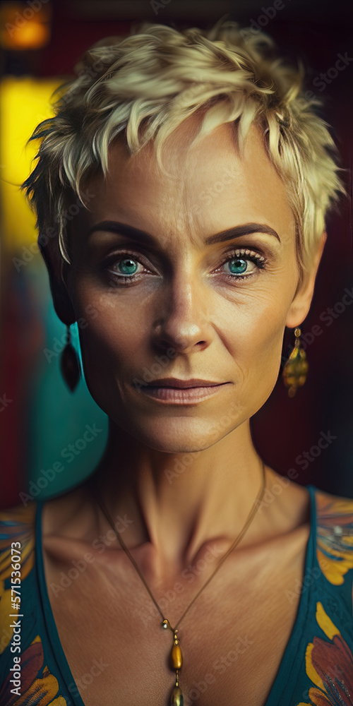 Fototapeta premium portrait of an adult woman with a short haircut. Confident and friendly look. Generative AI