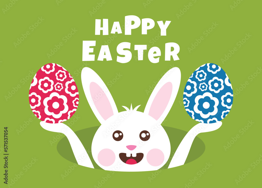 Happy Easter greeting card with a white bunny holding Easter eggs. Vector illustration. Happy Easter greeting card with a white bunny holding Easter eggs. Vector illustration.