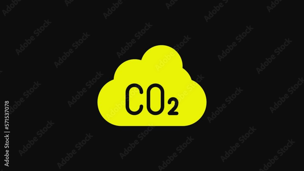 Yellow CO2 emissions in cloud icon isolated on black background. Carbon dioxide formula, smog pollution concept, environment concept. 4K Video motion graphic animation Yellow CO2 emissions in cloud icon isolated on black background. Carbon dioxide formula, smog pollution concept, environment concept. 4K Video motion graphic animation