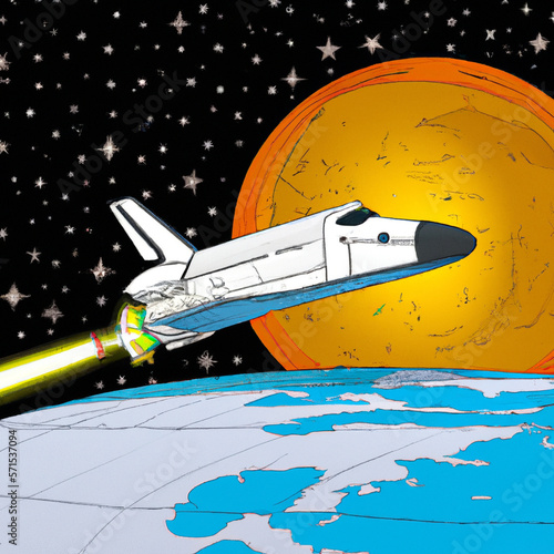 view from moon to earth with space shutlle in comic style created with Generative AI technology	