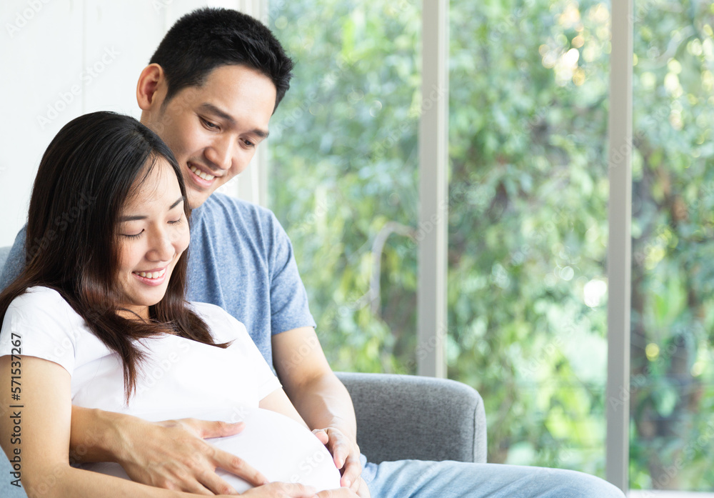 Young happy couple expecting a baby while husband caress his pregnant asian woman's belly. Handsome man touches his girlfriend's belly and feels the baby's movements. New Parenting concept. Young happy couple expecting a baby while husband caress his pregnant asian woman's belly. Handsome man touches his girlfriend's belly and feels the baby's movements. New Parenting concept.