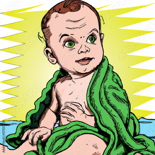 Baby wearing green cloth in sunny bedroom newborn child relaxing after bath or shower comic style created with Generative AI technology	

