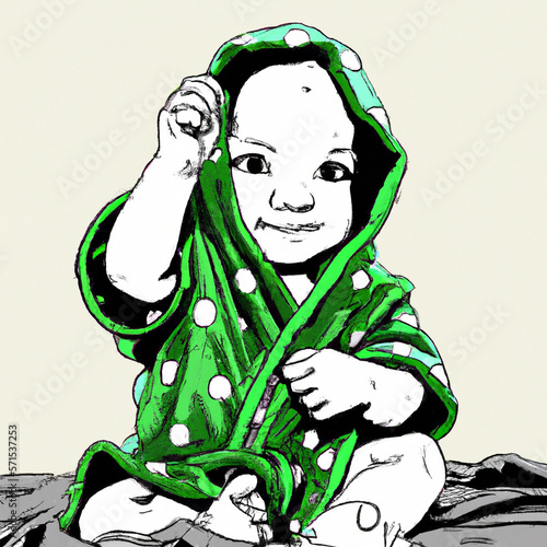 Baby wearing green cloth in sunny bedroom newborn child relaxing after bath or shower comic style created with Generative AI technology	
