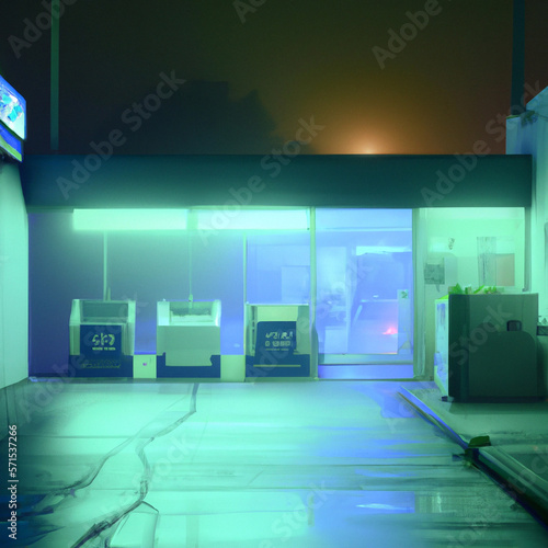 late night laundromat, foggy, neon created with Generative AI technology	
