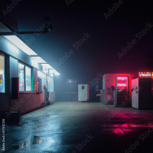 late night laundromat, foggy, neon created with Generative AI technology 