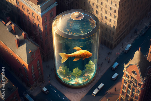 Skyscrapers and aquarium with giant fish..