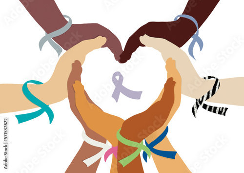 Cancer awareness and cultural differences. Heart-shaped hands in the colours of the cancer ribbons. Day of solidarity against diseases and discrimination. Isolated  image.