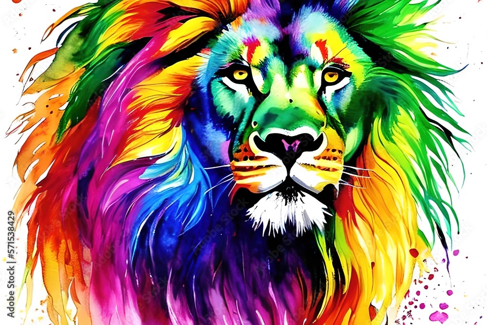 Abstract, multi-colored, neon portrait of a lion in the style of pop art on a colorful background. Splashes and drops of paint. Ideal for decorative painting. generative AI.