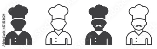 Set of chef icons. Uniform and cook, man chef worker, silhouette of man in hat. Professional chef. Vector.