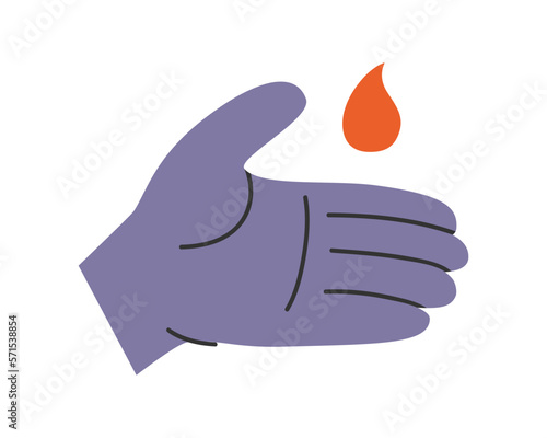 Hand drawn cute illustration of hand with blood drop. Flat vector transfusion and blood donation in simple colored doodle style. Medicine, lab sticker, icon or print. Isolated on white background.