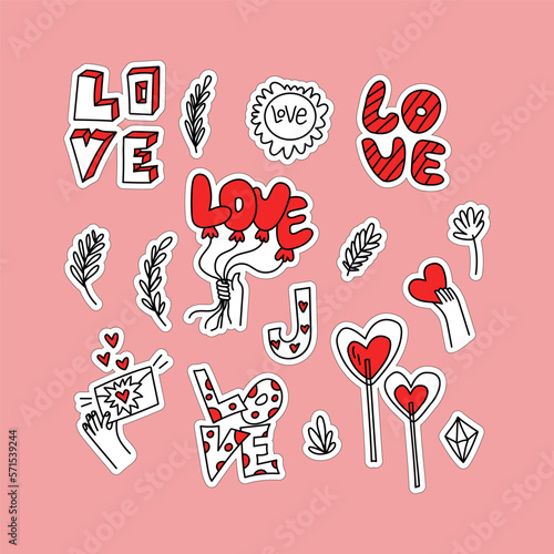 Set of hand drawn doodle love elements for Valentine’s day cards, stickers, decorative design elements.