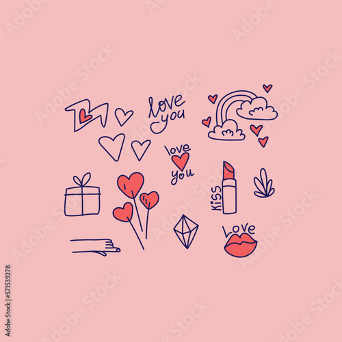 Set of hand drawn doodle love elements for Valentine’s day cards, stickers, decorative design elements.
