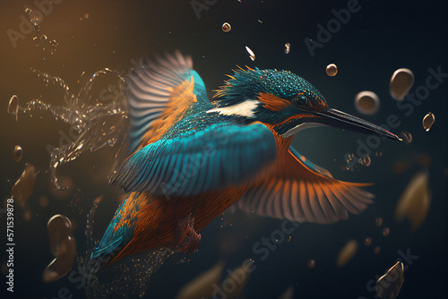 Kingfisher flying after emerging from water beak on green natural background.. © Ivan