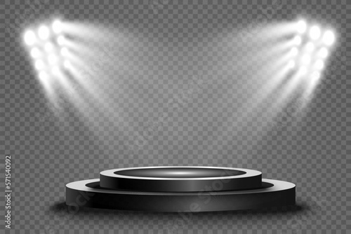 Realistic 3d Light Box with platform background for design performance, show, exhibition. Vector illustration of Lightbox Studio Interior. Podium with spotlights.
