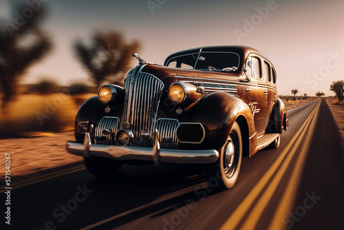 an old car driving down on a desert road illustration generative ai