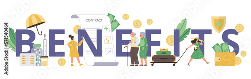 Employee benefits typographic header, flat vector illustration isolated on white background.