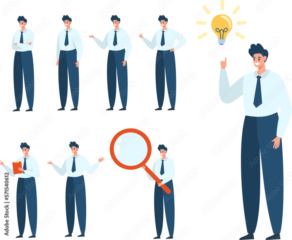 A set of vector characters. Male businessman in different situations. Standing guy, hands on chest, magnifying glass, idea A set of vector characters. Male businessman in different situations. Standing guy, hands on chest, magnifying glass, idea