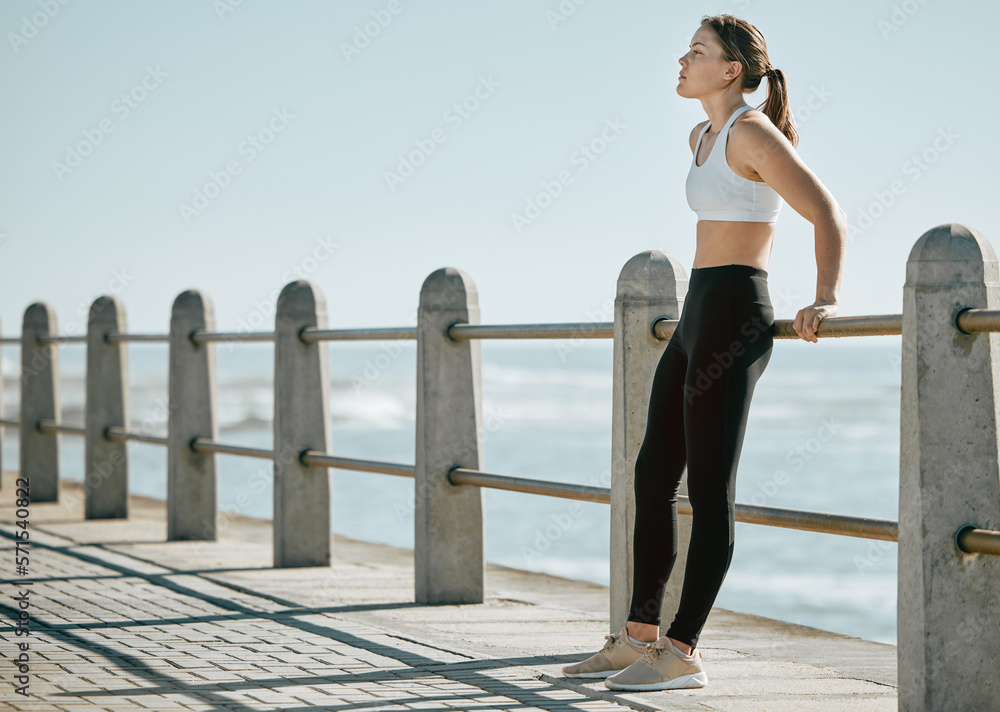 Fitness, runner and woman relax at beach after running, cardio workout and break from exercise with fresh air. Calm, zen and peace with thinking, health and wellness with mockup and lifestyle outdoor - obrazy, fototapety, plakaty 