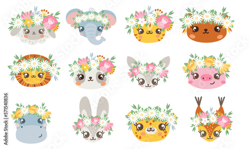 Vector set of spring animals. Animals with colored wreaths on their heads. Sheep pig tiger panda rabbit squirrel elephant bear deer hippo leopard. Spring Easter animal faces