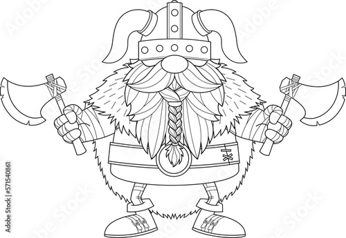 Outlined Gnome Viking Cartoon Character Holds Two Axes. Vector Hand Drawn Illustration Isolated On Transparent Background
