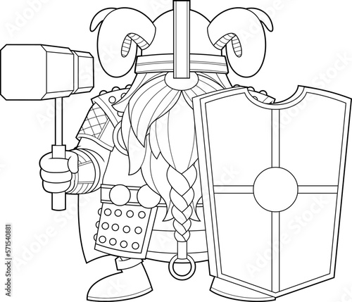 Outlined Gnome Viking Cartoon Character With Hammer And Shield. Vector Hand Drawn Illustration Isolated On Transparent Background