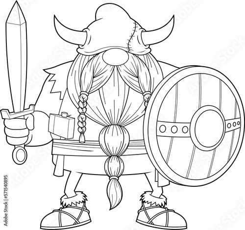 Outlined Angry Gnome Viking Cartoon Character With Sword And Shield. Vector Hand Drawn Illustration Isolated On Transparent Background