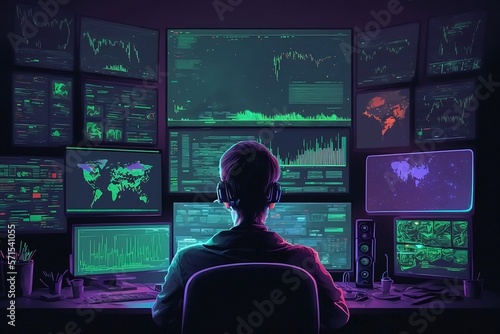 Crypto Stocks, dark room with a large, high-tech screen in the center, displaying a live feed of crypto tokens' stock chart photo