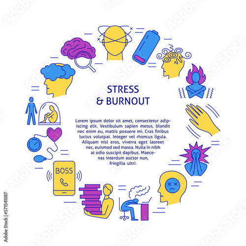 Round banner with stress and burnout symptoms