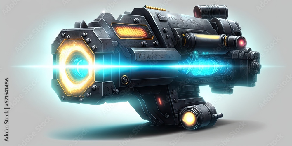 Sci fi futuristic weapon illustration isolated on white background. military laser weapon from science fiction. High tech cyberpunk glowing gun concept with black colored scratched metal. Generative Sci fi futuristic weapon illustration isolated on white background. military laser weapon from science fiction. High tech cyberpunk glowing gun concept with black colored scratched metal. Generative