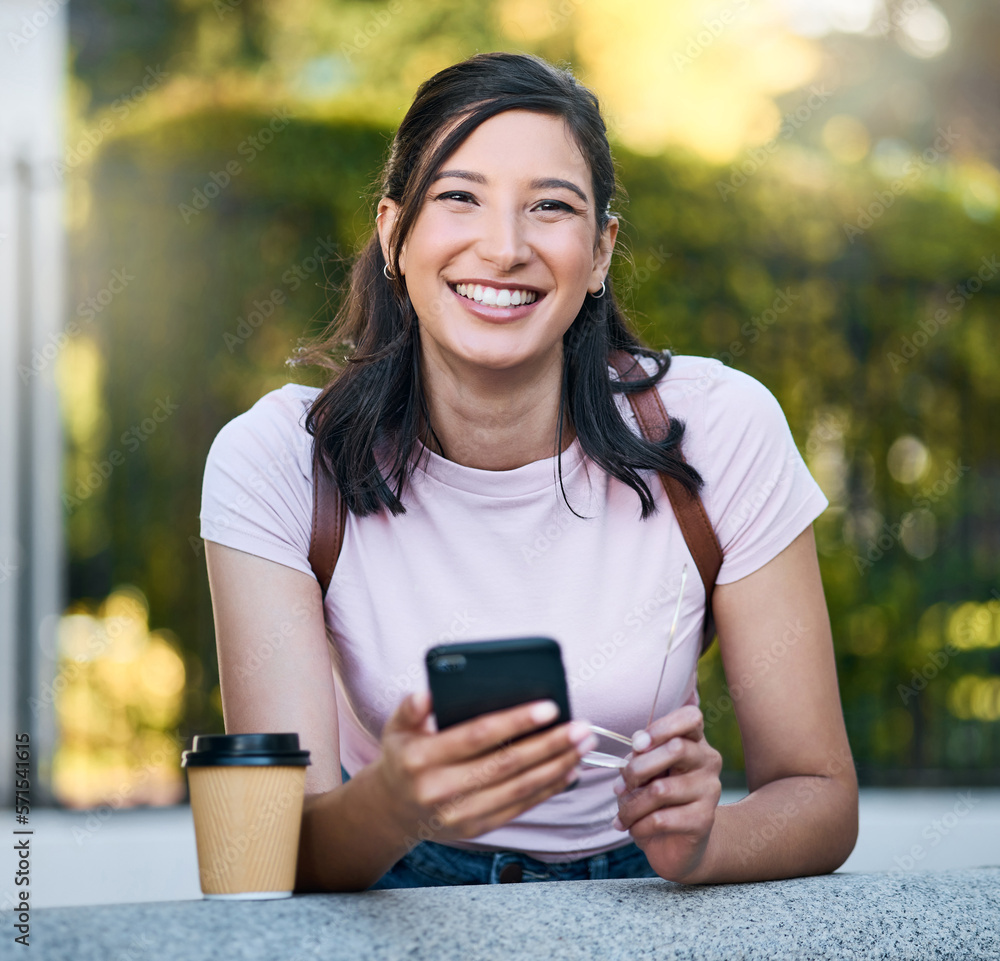 Asian woman, phone and portrait with coffee of a person in a London garden happy about travel. Networking, online communication and text of a traveler on cellphone with blurred background on app Asian woman, phone and portrait with coffee of a person in a London garden happy about travel. Networking, online communication and text of a traveler on cellphone with blurred background on app