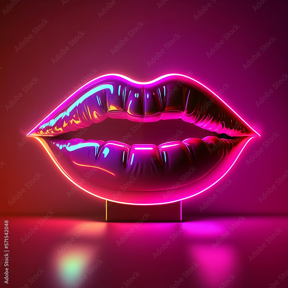 Neon lips with backlight on the dark background, Glossy lips, concept