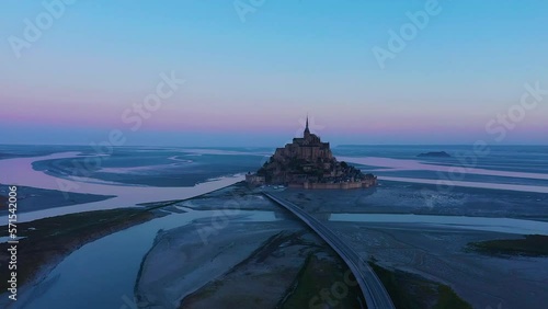 Aerial view of Panoramic view with sunset sky scene at Mont-Saint-Michel, Normandy, France	 photo